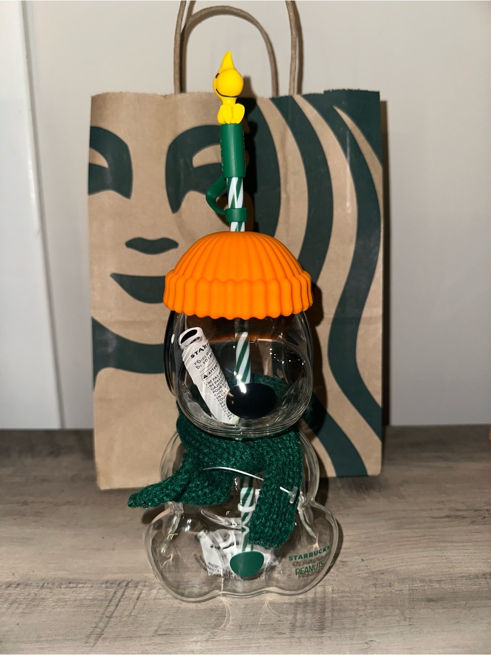 Starbucks Glass Snowman Tumbler with Orange Hat and Green Scarf